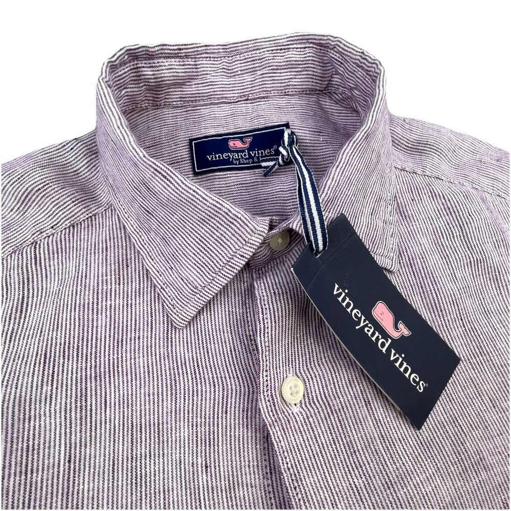 Vineyard Vines Linen Shirt Men’s Small Dark Plum Stripe Long Sleeve Beach NEW